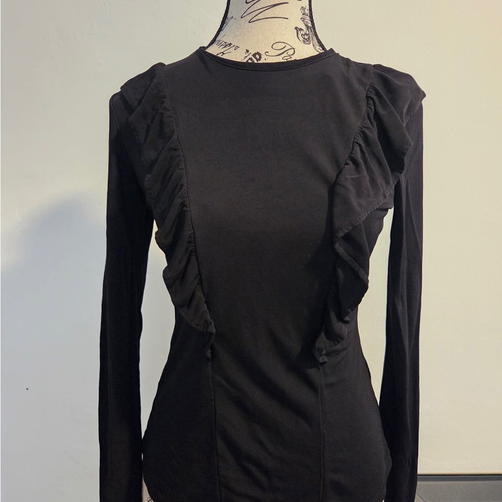 H&M XS Black Ruffle Front Long Sleeve Top Victorian Goth Chic